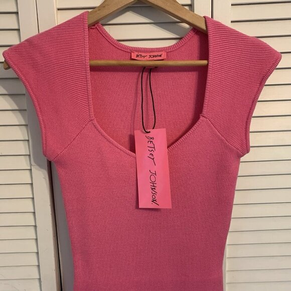 NWT Betsey Johnson Womens M Kaylee Mini Dress Barbie Pink Ribbed Cap Sleeves NEW - Picture 3 of 15